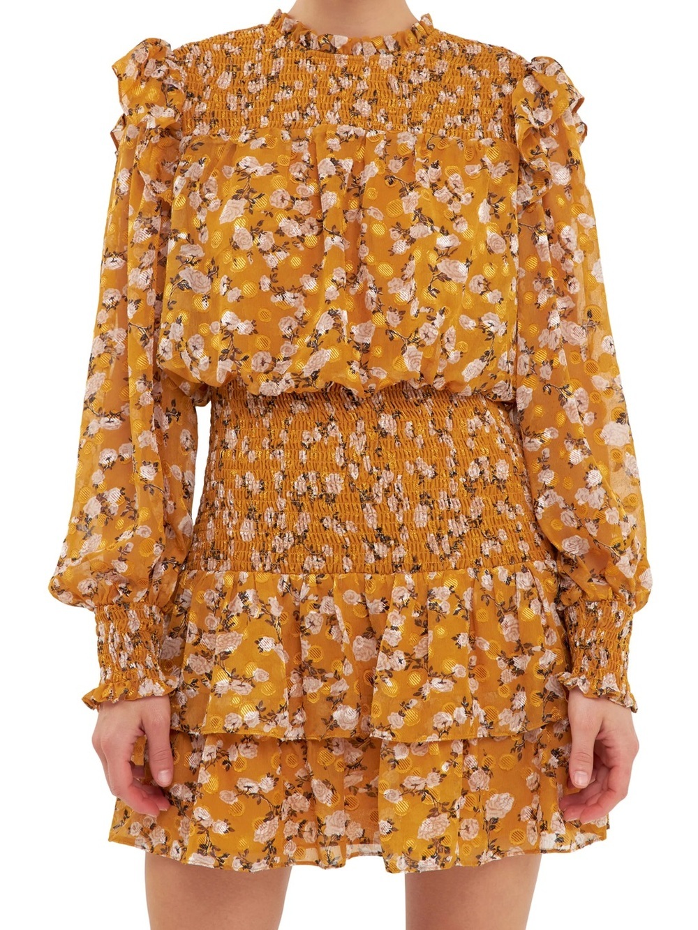 Endless Rose NWT! Gold/Mustard Yellow Floral Smocked Mini Dress Size S